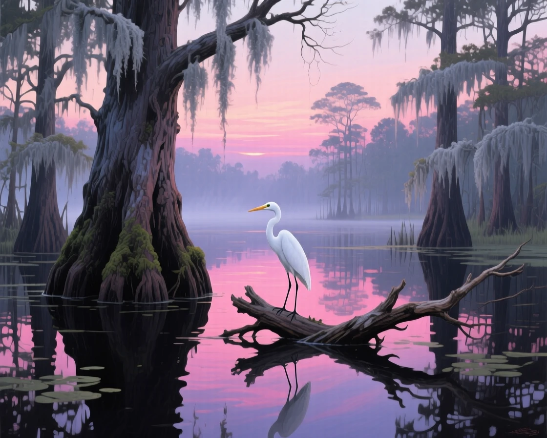 A cypress swamp forest in Louisiana at dawn shows moss-draped trees rising from still black water, an egret standing motionless on a fallen log, pink light reflecting on the glassy surface.