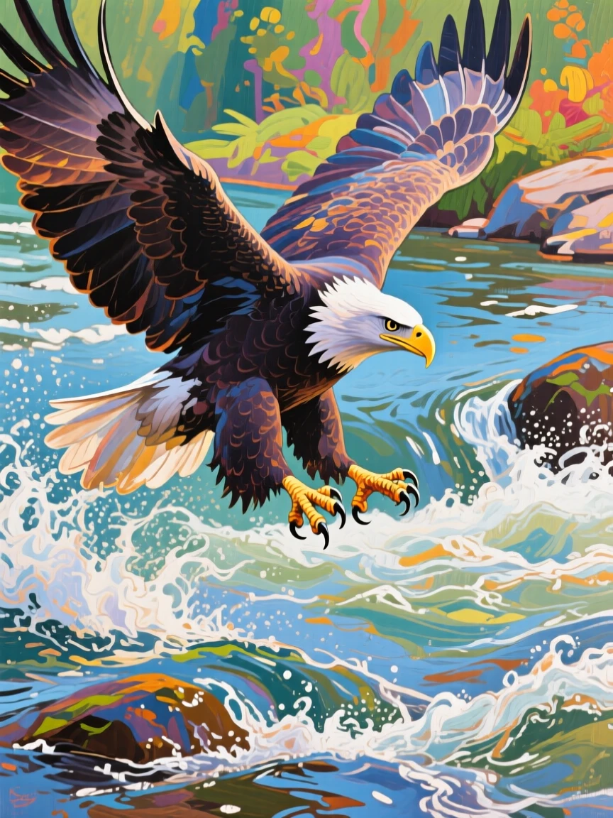 A bald eagle diving toward a river, talons outstretched just above the rushing water