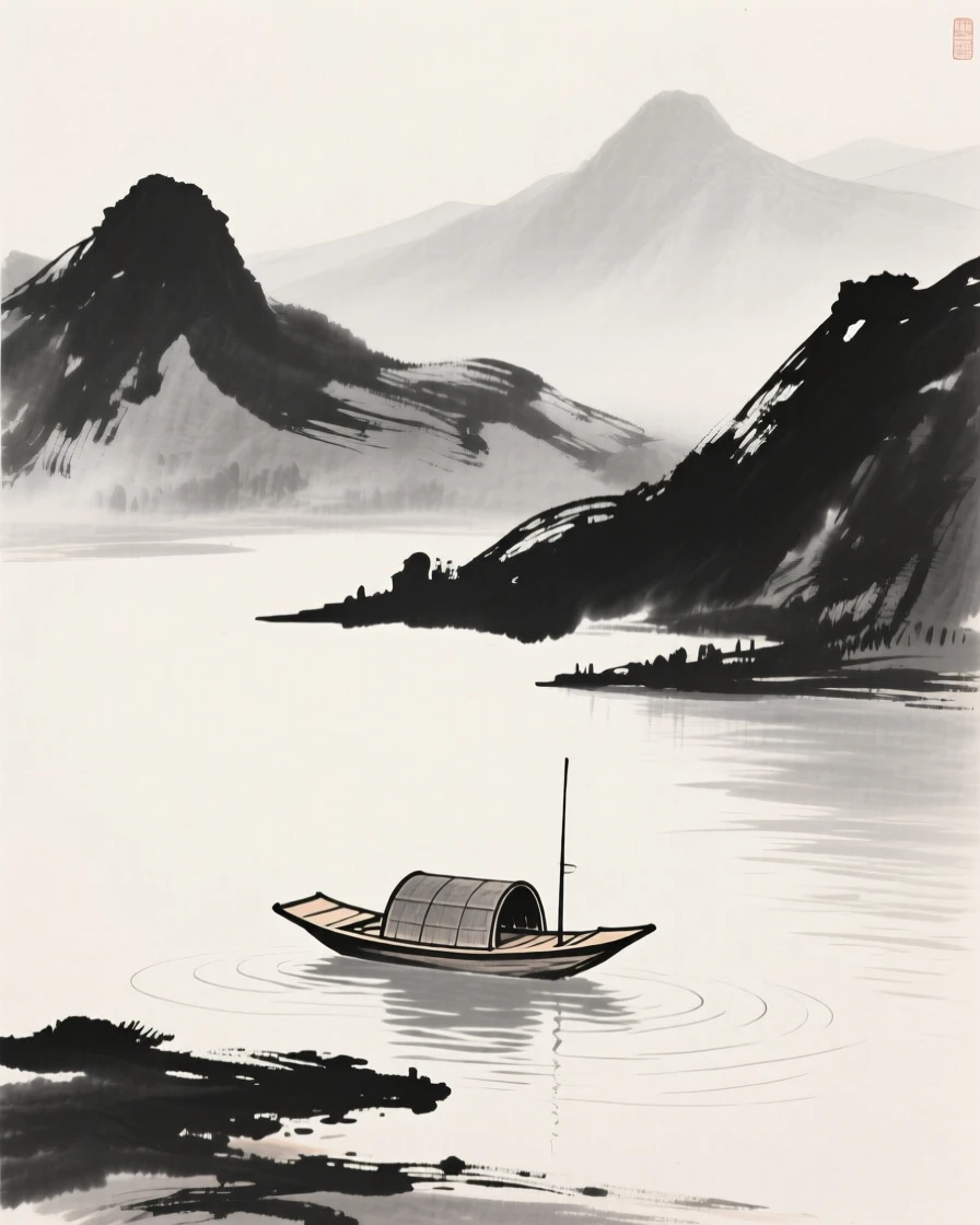 a lake ringed by distant peaks, with a single small boat drifting near the shore.