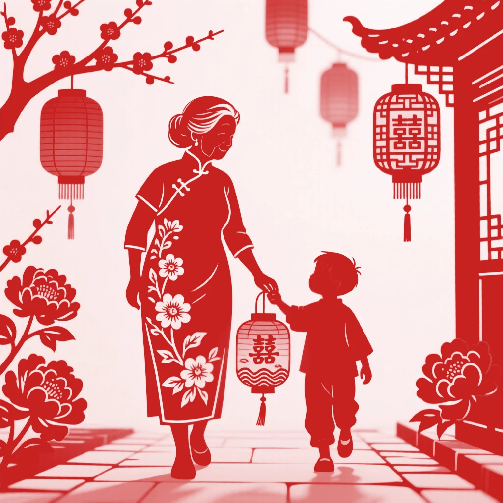A grandmother and her grandson, walking home along a lantern-lit street, in framed by the soft glow of a fading afternoon.