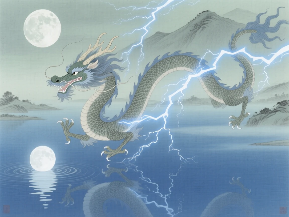 A thunder dragon crackling with faint lightning over a calm lake reflecting the full moon