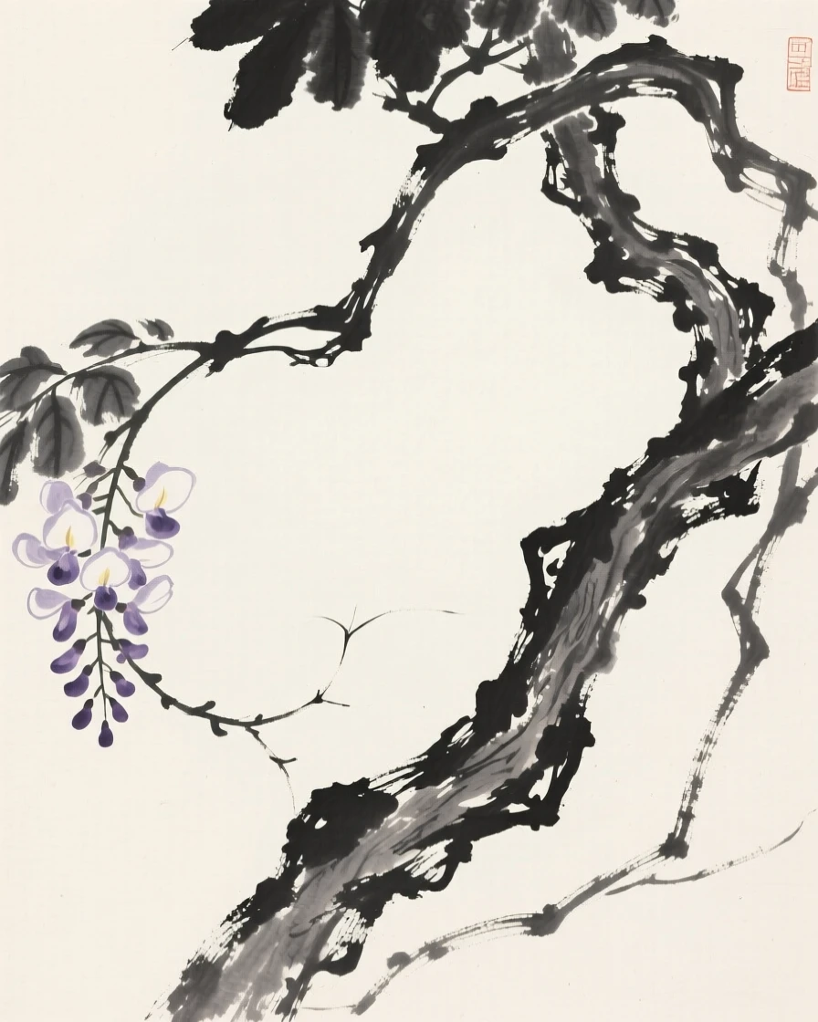 A twisted old wisteria vine against a soft, empty backdrop, framed asymmetrically for quiet visual balance, suggesting patience, resilience, and quiet strength.