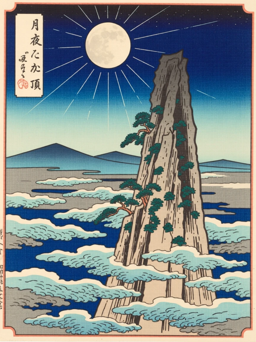 A granite pinnacle, above a sea of clouds, under a full moon.