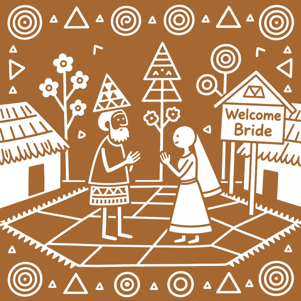 An elderly village headman welcoming a new bride into the family in the village courtyard.