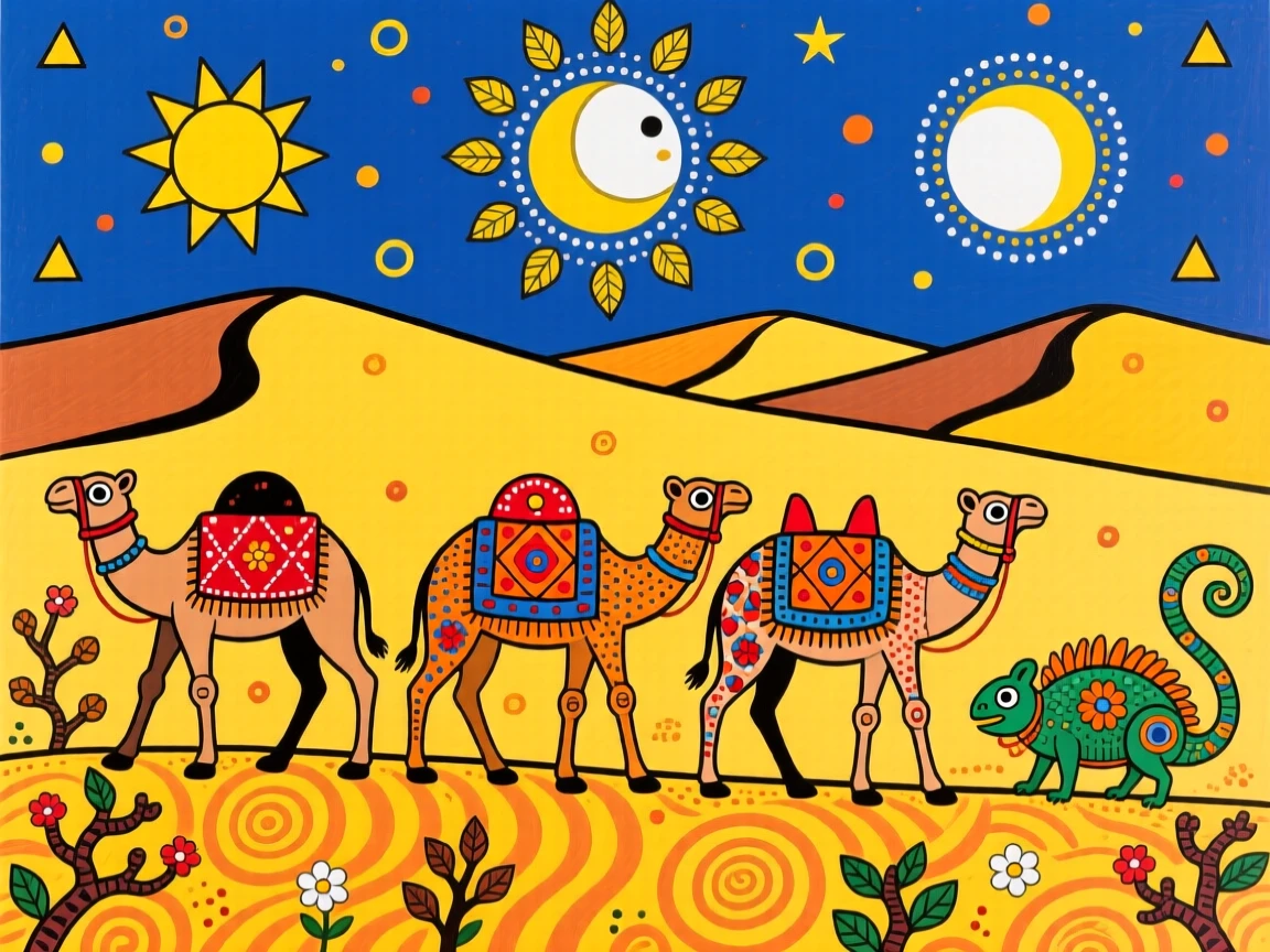 A camel caravan crossing golden dunes beneath a wide desert sky.