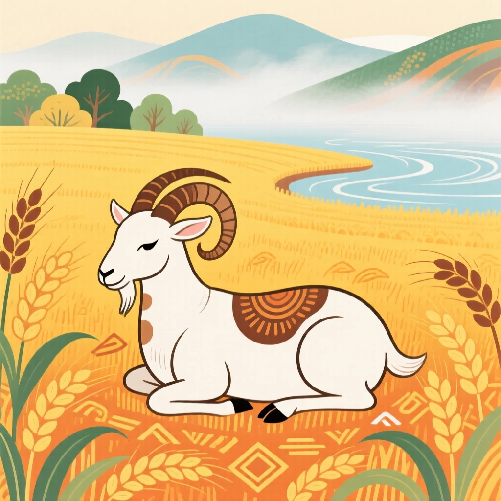 A mountain goat resting in a golden wheat field at harvest time, as morning mist rises from the water.