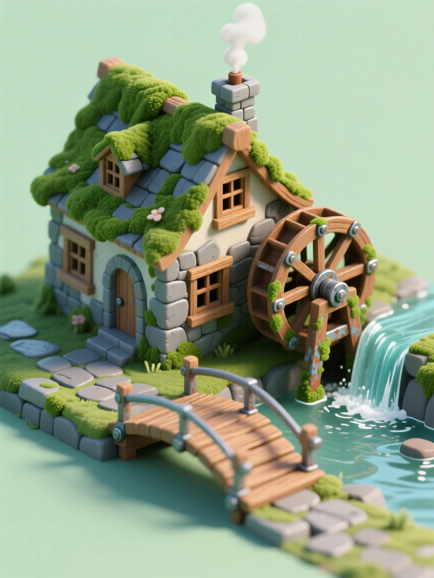 A stone cottage nestled beside a waterfall, with a wooden footbridge crossing the stream, a water wheel turning slowly, and moss growing thick along the roofline.