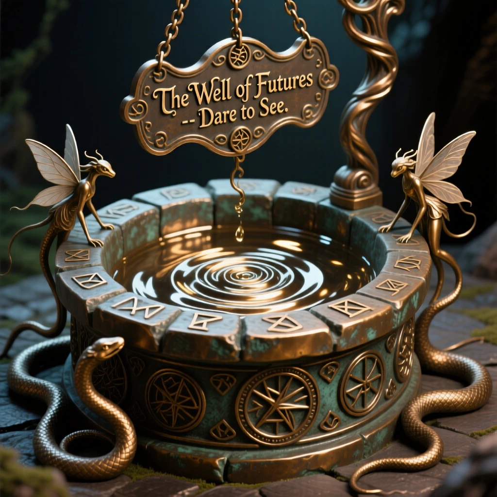 An enchanted well granting glimpses of the future, capturing a powerful sense of mystery and magic, transporting the viewer to another world