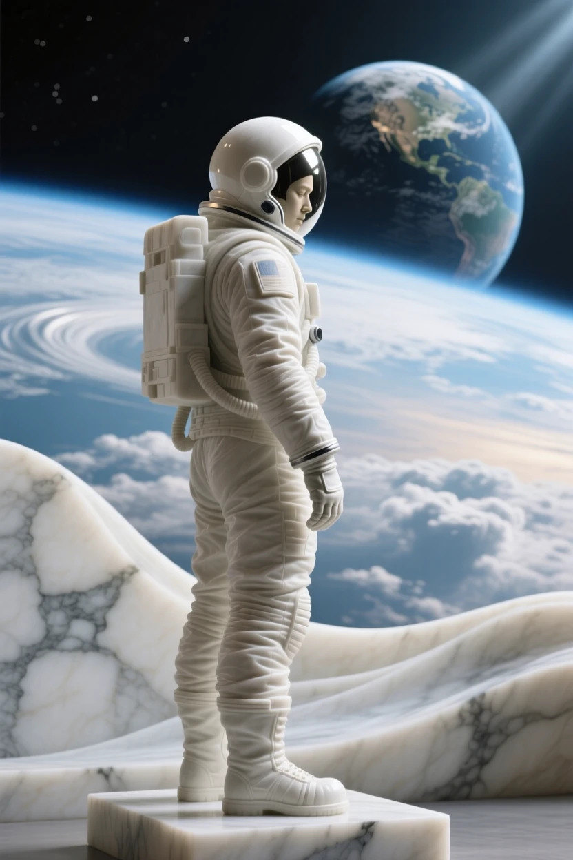 A tender portrait of an astronaut looking back at Earth, looking down with a tender, protective gaze, silhouetted against a dramatic sky, evoking warmth and humanity