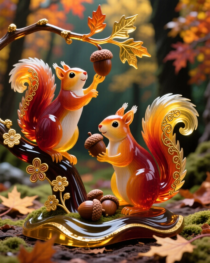 A pair of squirrels gathering acorns in a vibrant autumn forest, industrious and charming.