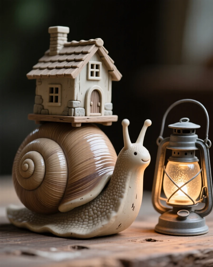 A snail carrying a tiny house on its back gathered together in a heartwarming tableau, with warm lantern light glowing softly nearby, stirring nostalgic delight and warm laughter.