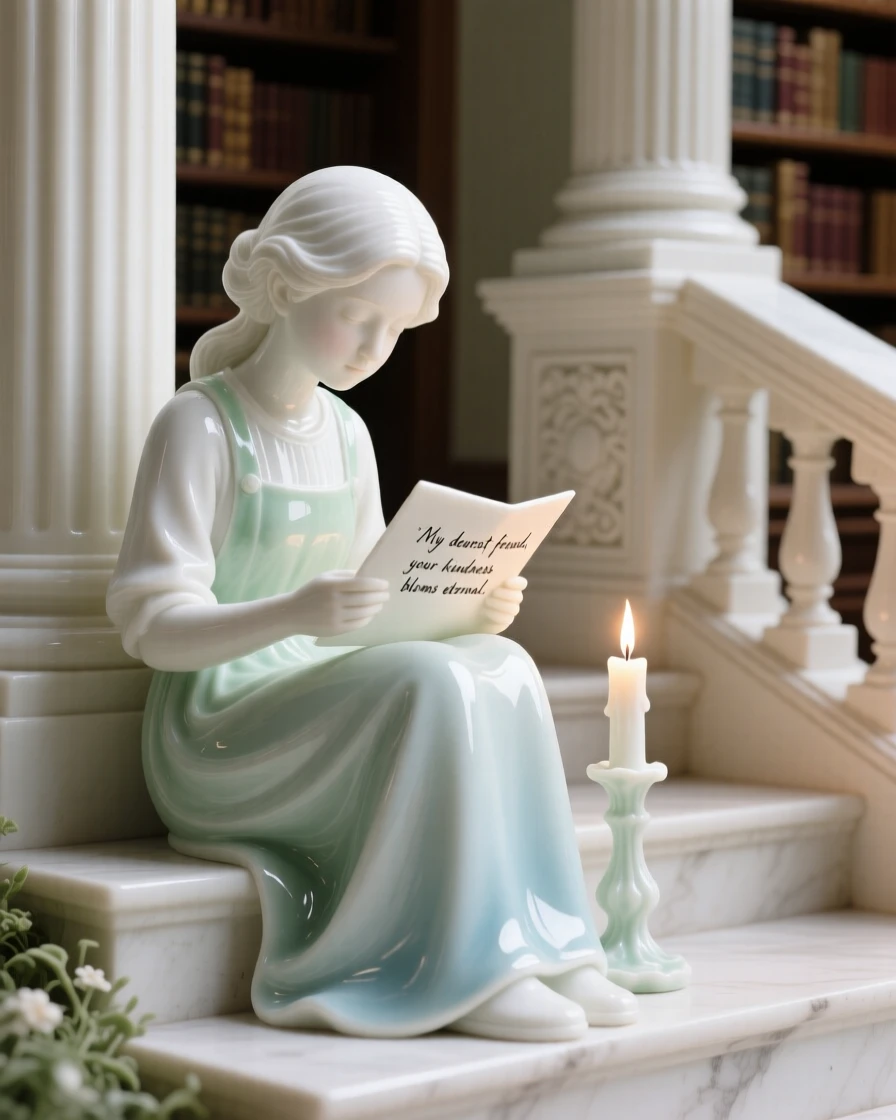 A youthful gardener reading a letter by candlelight, her gaze lowered in quiet grace, in the steps of a grand library.