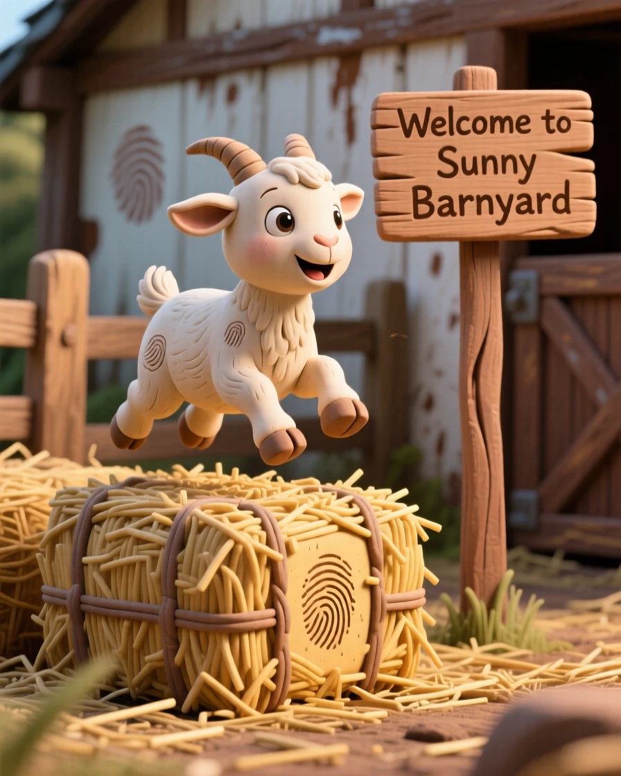 A baby goat hopping across hay bales in a rustic barnyard