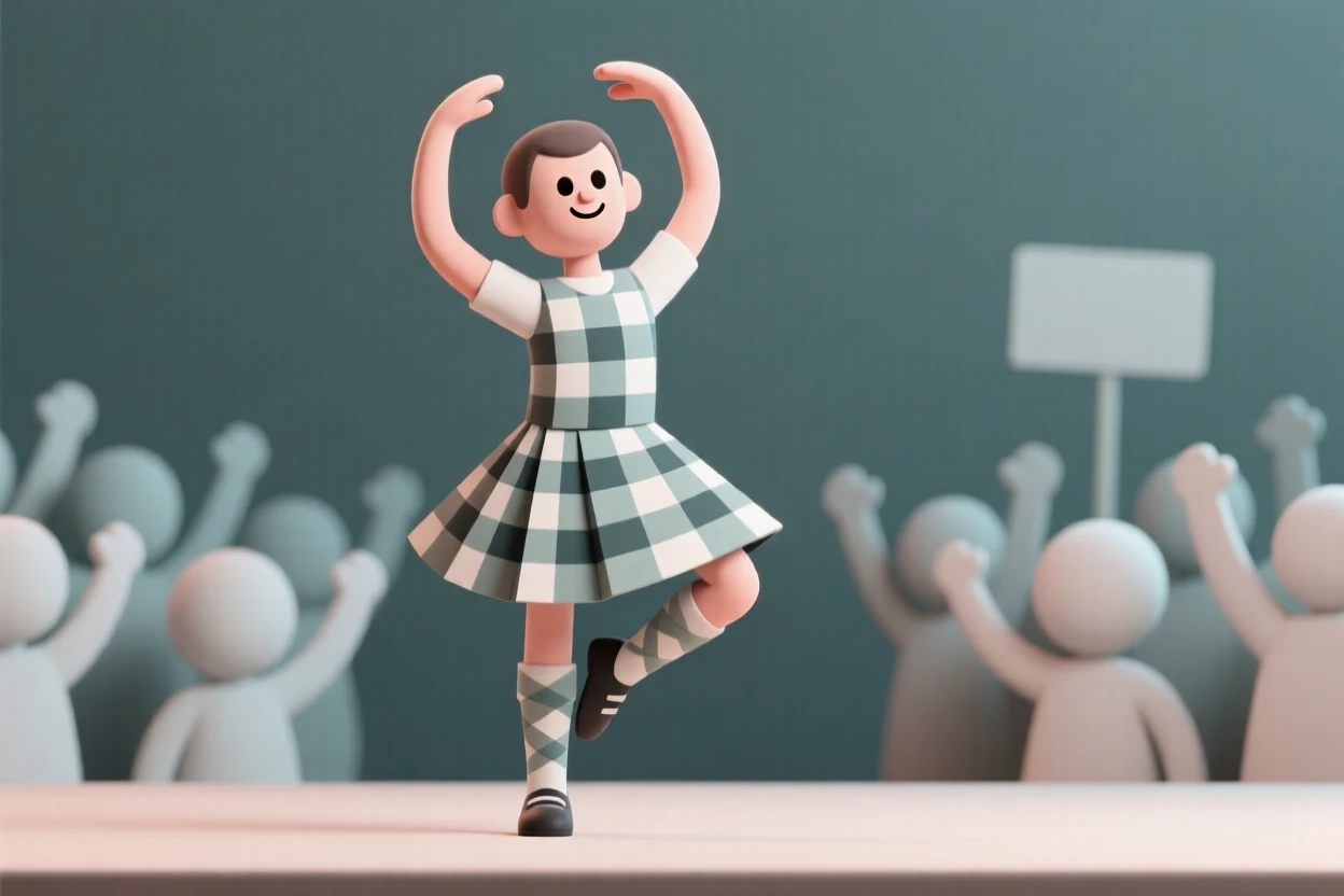 A proud Scottish highland dancer leaps mid-step in a tartan kilt, arms curved gracefully above a stage of cheering onlookers.