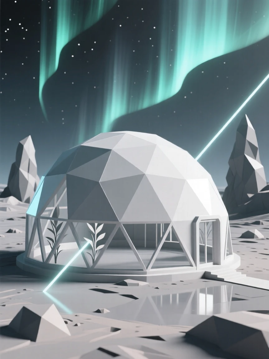 A futuristic greenhouse dome glowing on a barren planet, beneath shimmering auroras. reflections and light rays add a layer of visual depth. The scene radiates a calm, meditative stillness.