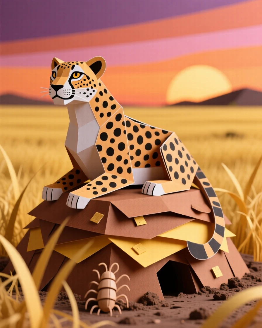 A cheetah resting atop a termite mound overlooking golden grassland at sunset, scanning the horizon with sharp focus, capturing quiet power before the hunt.