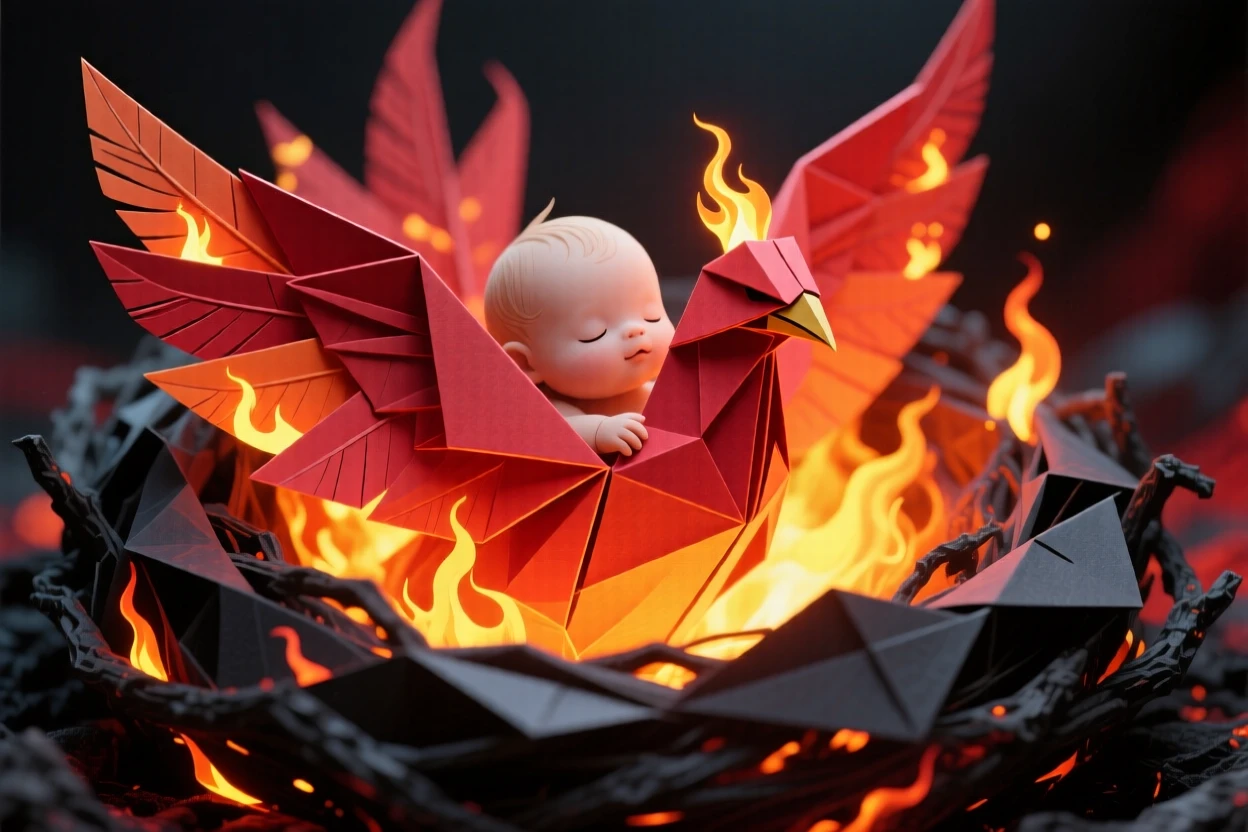 A baby phoenix emerging from a nest of glowing embers, tiny flames flickering along its new feathers.
