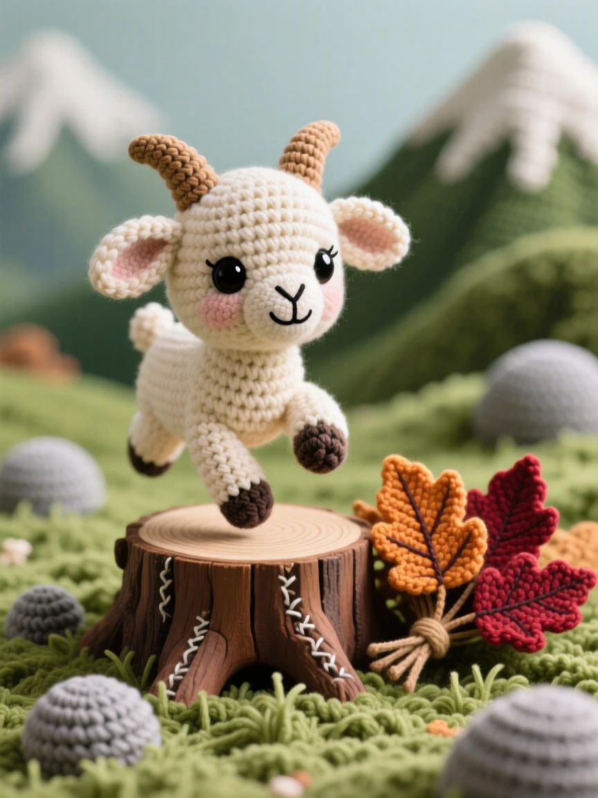 a small baby goat, with tiny nubby horns and floppy ears, hopping onto a low wooden stump, set in a mountain meadow with scattered boulders, with a bundle of dried autumn leaves, evoking a peaceful, drowsy calm settling over the scene.