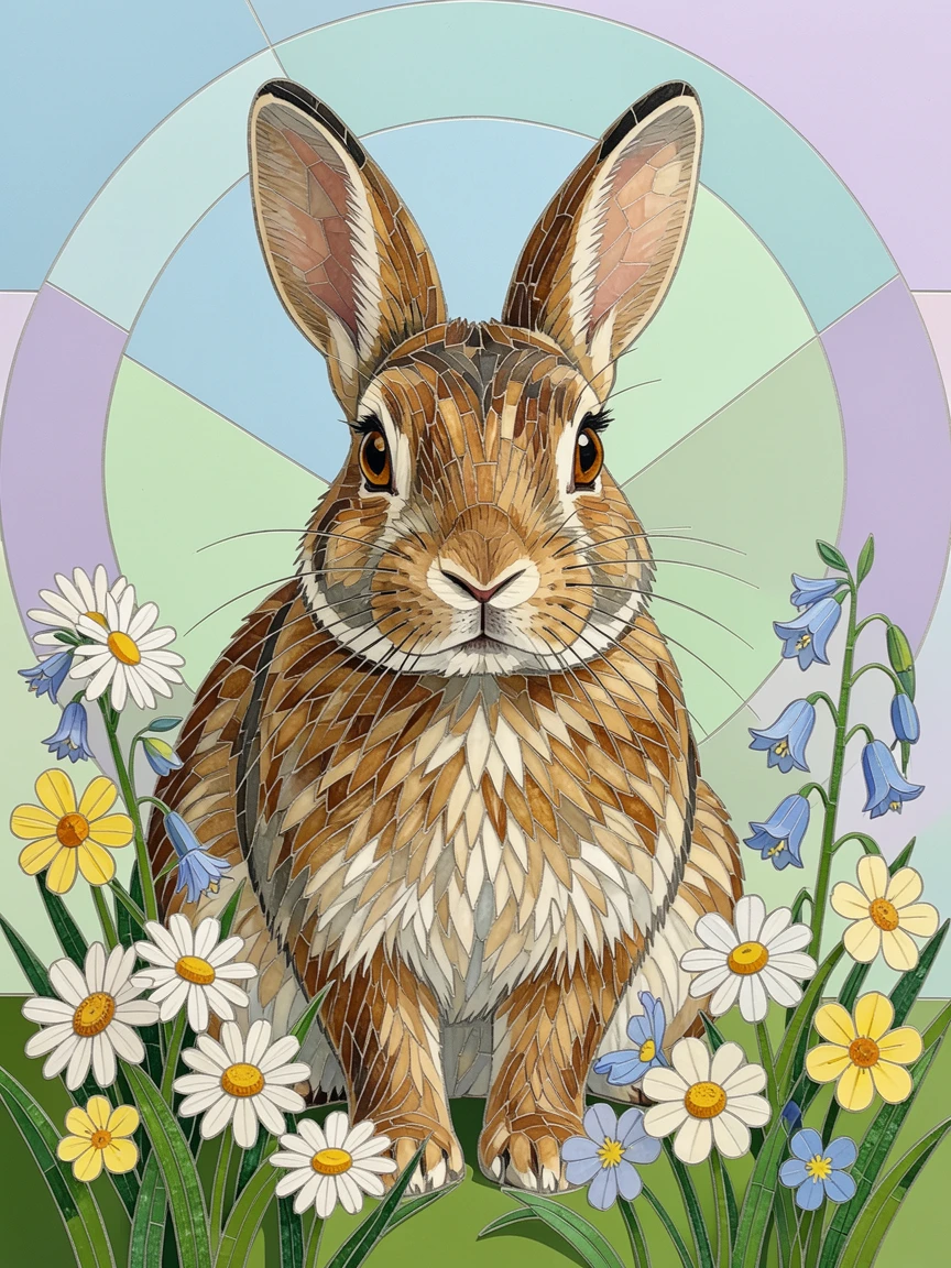 A close-up portrait of a curious rabbit sitting among spring wildflowers, showing rich fur or feather detail and expressive eyes.