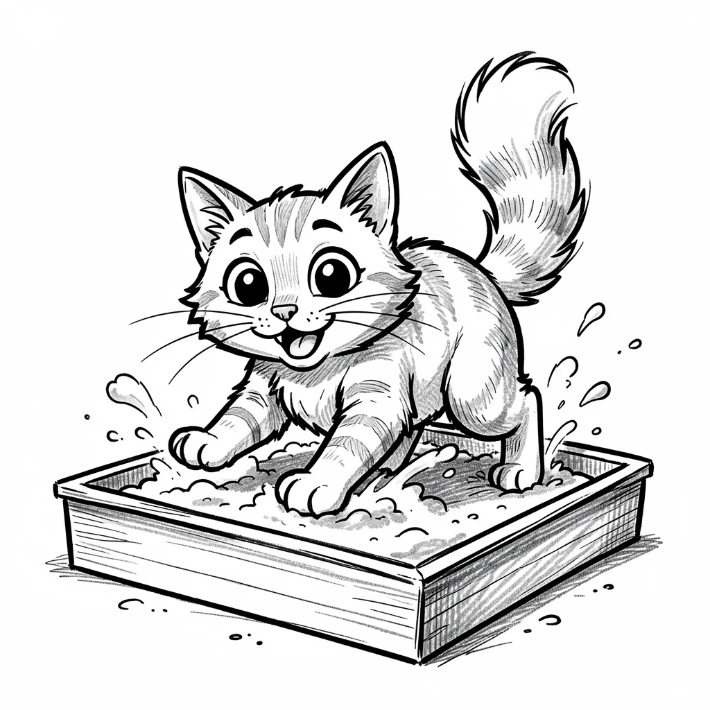 A ginger cat digging happily in a sandbox.