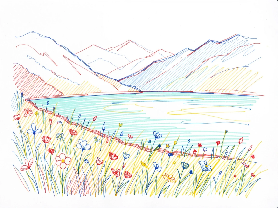 A wildflower hillside overlooking a calm turquoise lake ringed by mountains