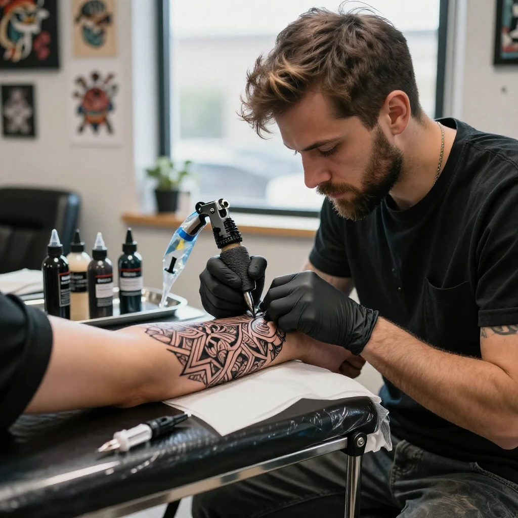 A tattoo artist inking an intricate design