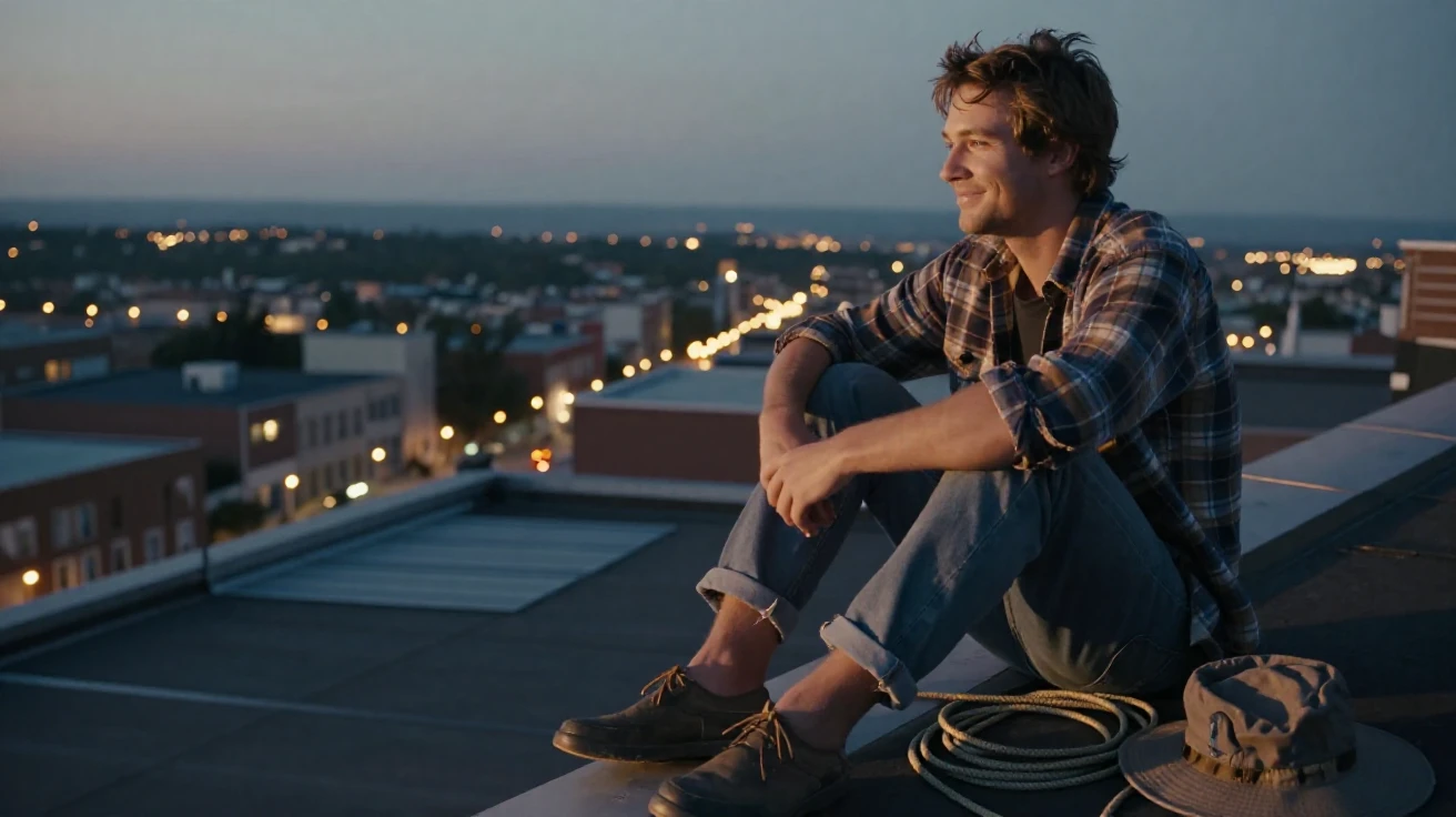 A young fisherman resting after a long day of work on a rooftop overlooking a sleeping city, a gentle smile crossing their face