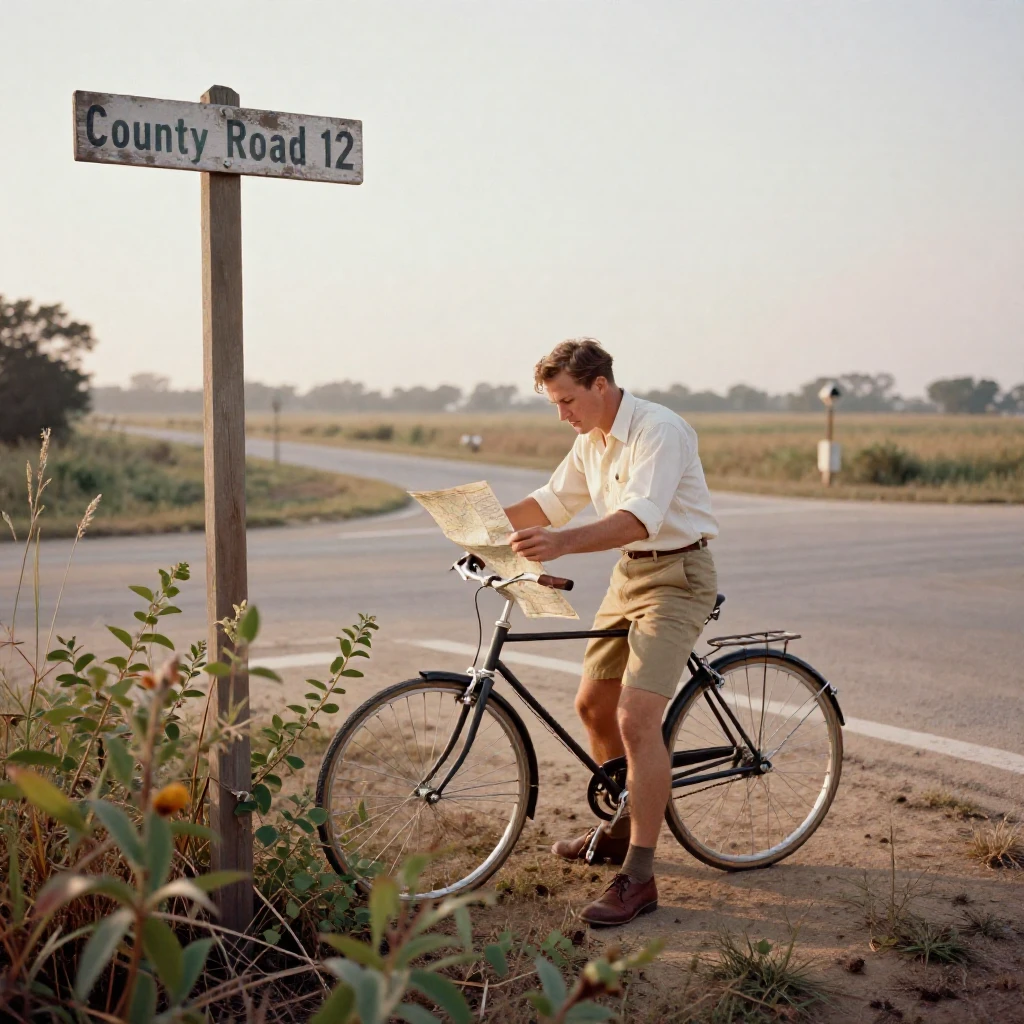 A cyclist pausing to check a paper map at a crossroads, in the pale light just before sunrise, in crisp, dry air, in the height of summer, in warm honey and cream tones, peering through foliage in the foreground.