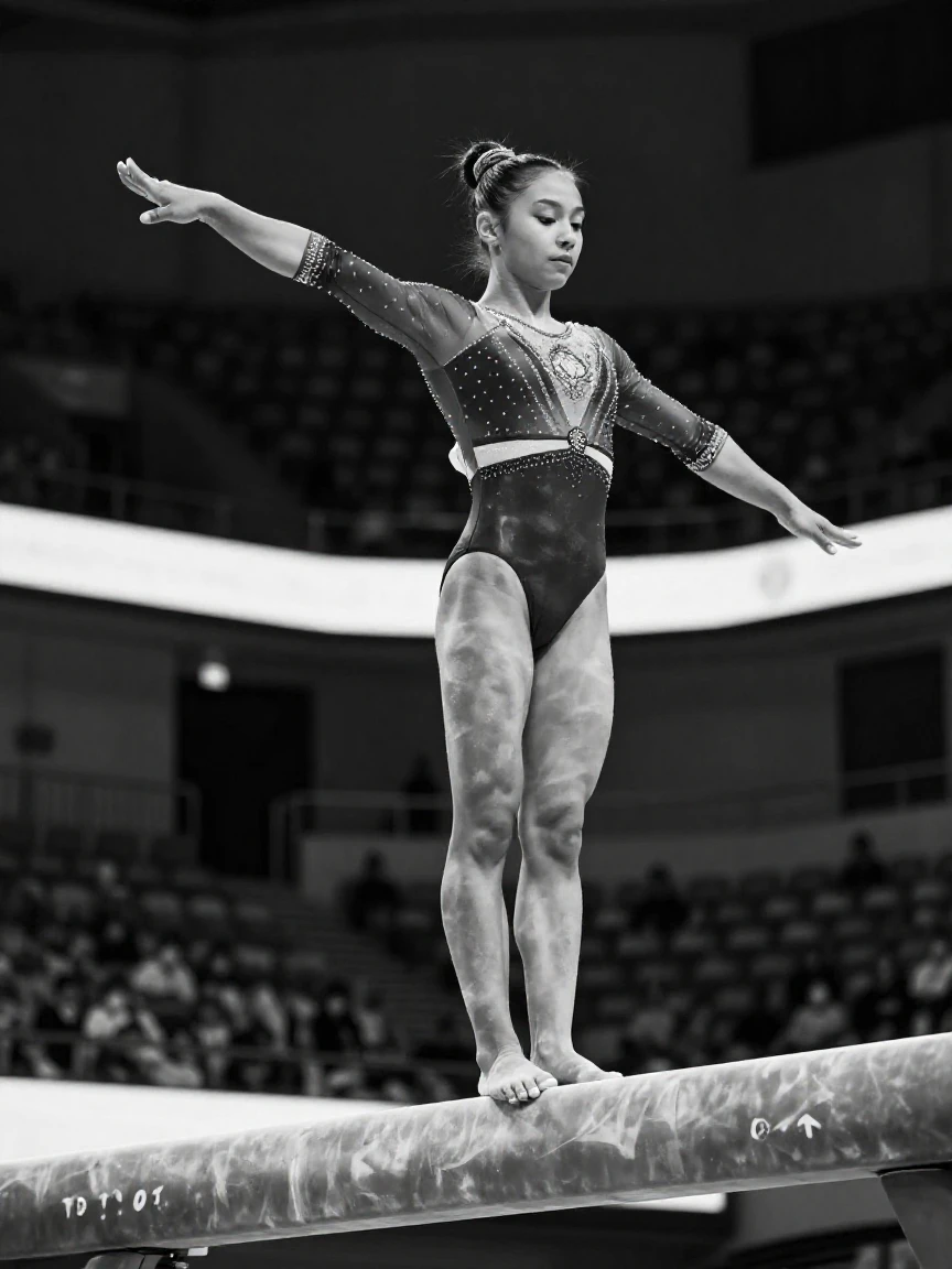 A gymnast balances perfectly on a narrow beam inside a gymnastics arena.