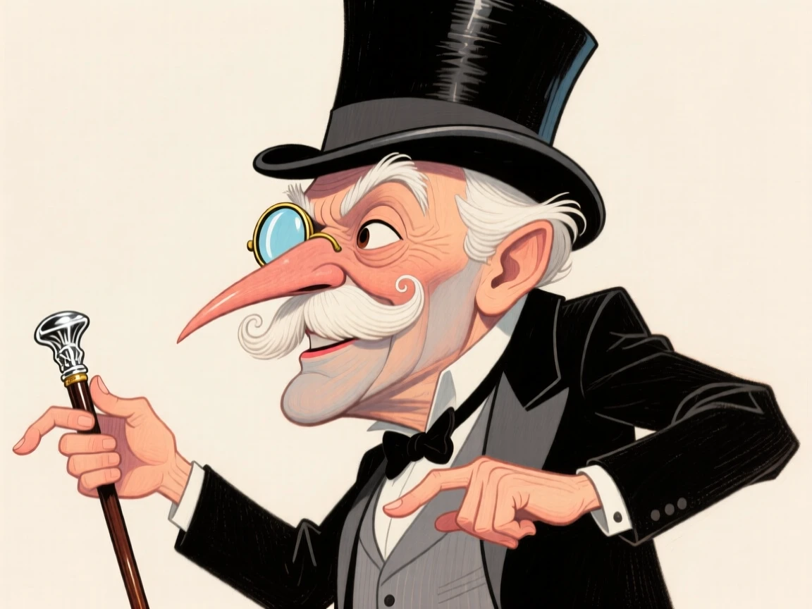 An elegant older gentleman with a monocle and top hat, twirling a cane.