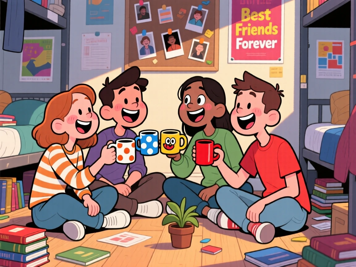 A heartwarming scene of a reunion of old college friends toasting with mismatched mugs on a dorm room floor.