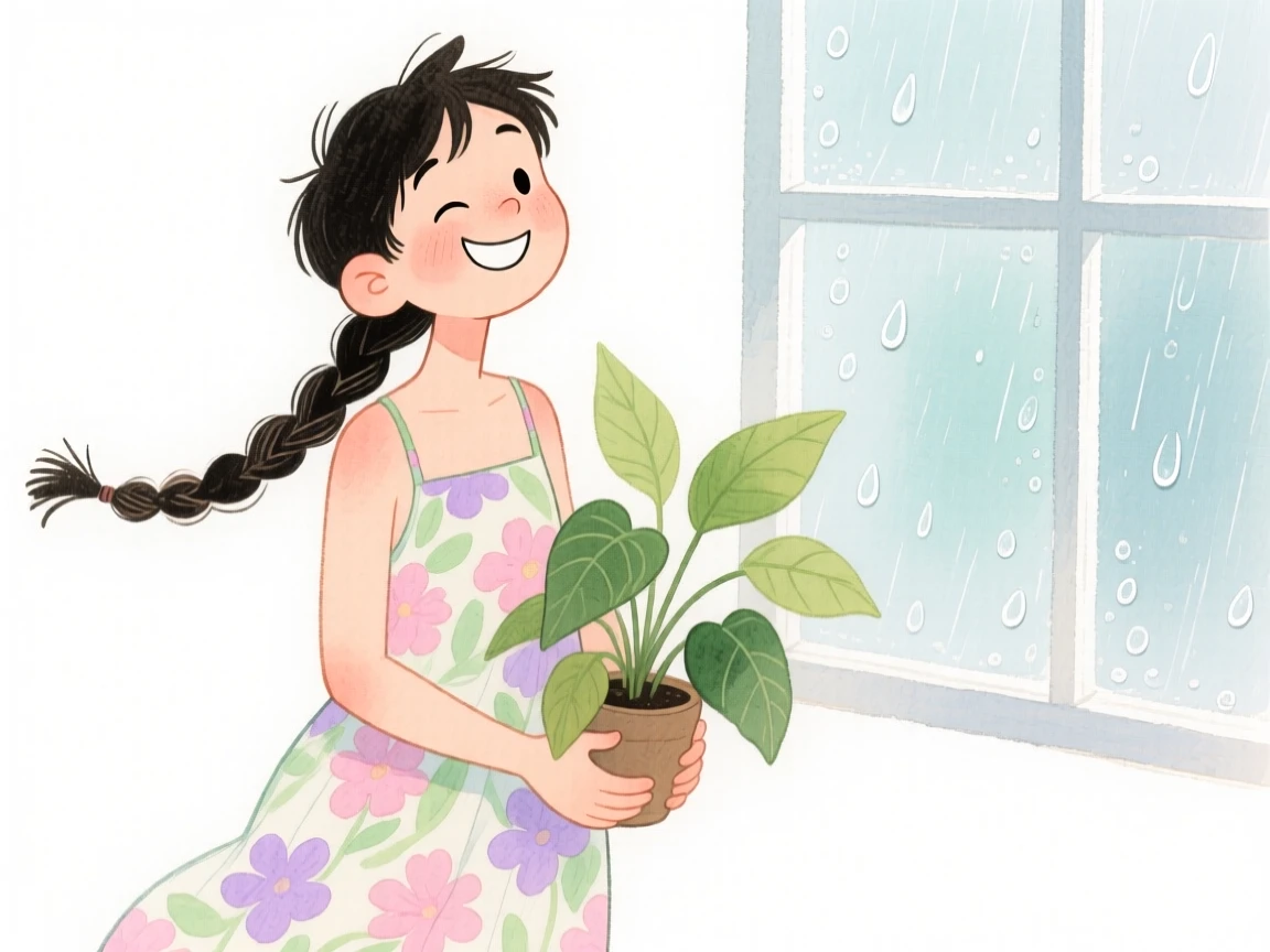 A young man with a single thick braid over one shoulder, raising an eyebrow playfully, wearing a flowy floral sundress and clutching a favorite houseplant, beside a rain-speckled window