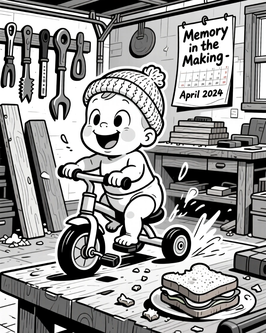 A newborn baby with a tiny knitted cap, wobbling on training wheels for the first time, set in a garage workshop smelling of sawdust. A half-eaten sandwich sits forgotten on the table. It feels like a memory worth framing forever.