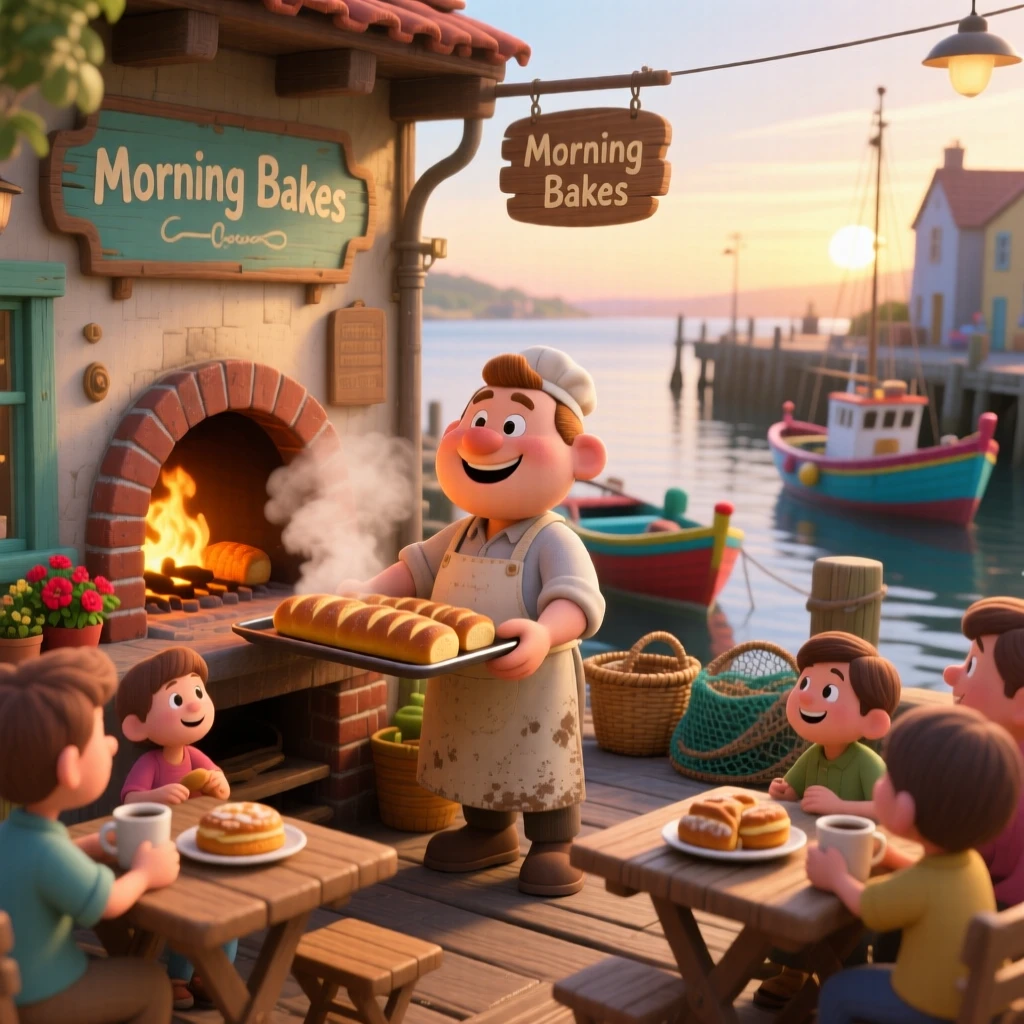 A baker pulling a fresh tray of bread from the oven is captured at a small fishing harbor at dawn, with soft chatter drifting from nearby tables. The atmosphere feels cozy, human, and full of small joys.