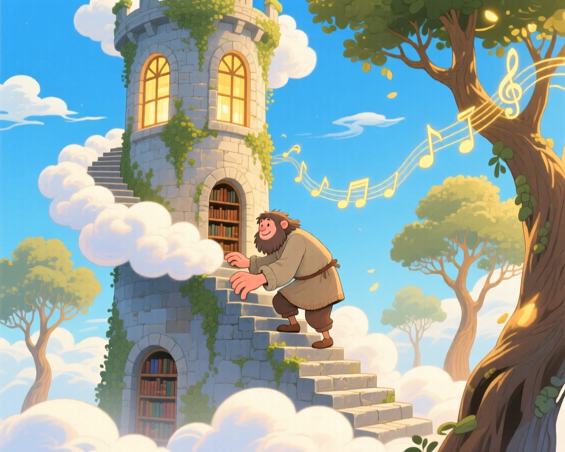 In an ancient library tower, a friendly giant discovers a moment of wonder while climbing a staircase made of clouds, while gentle music seems to hum from the trees.
