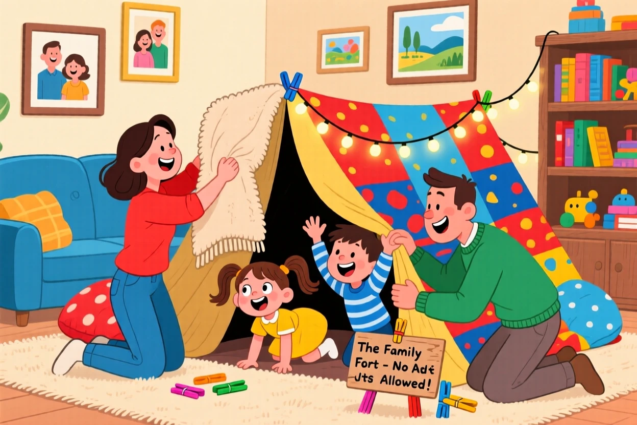 A family building a blanket fort in the living room.