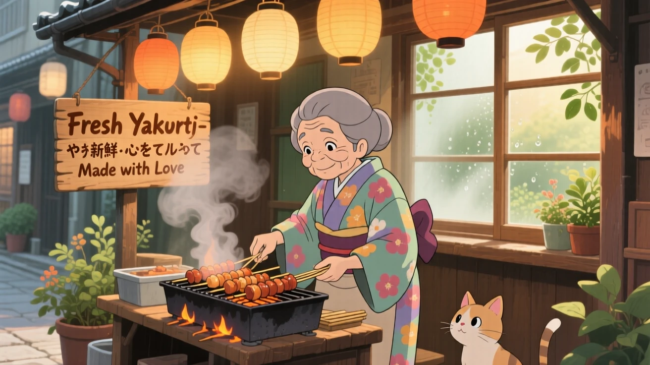 A warm, inviting scene of a street vendor grilling skewers under warm lantern light, as morning light streams through a nearby window.