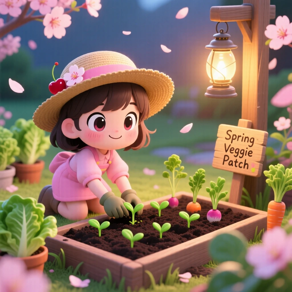 A young girl planting seedlings in a small garden bed in a spring vegetable garden as cherry blossom petals drift on the breeze; warm lamplight washes over the scene as playful mischief fills the moment. Dynamic diagonal composition.