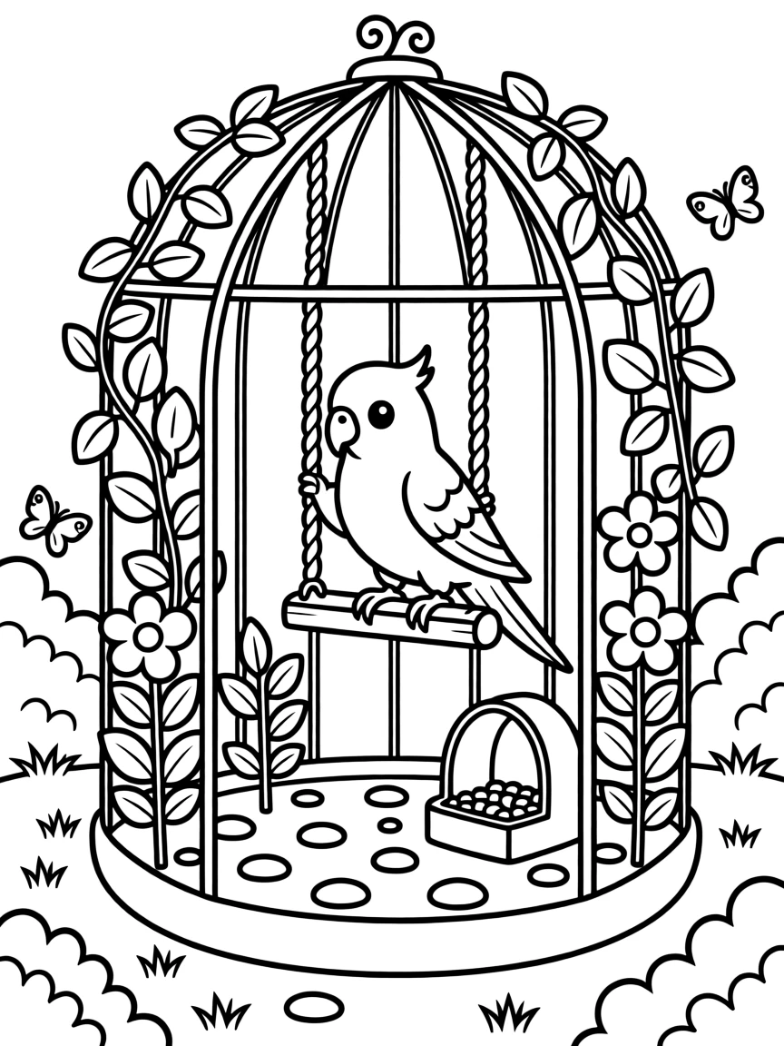 A parakeet swinging on a perch inside a garden aviary