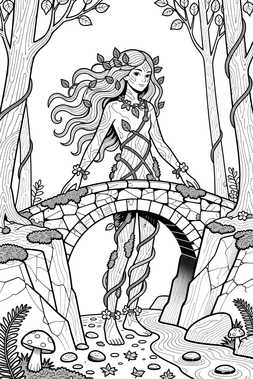 A forest spirit made of vines and glowing moss, with an old stone bridge crossing a chasm behind it.