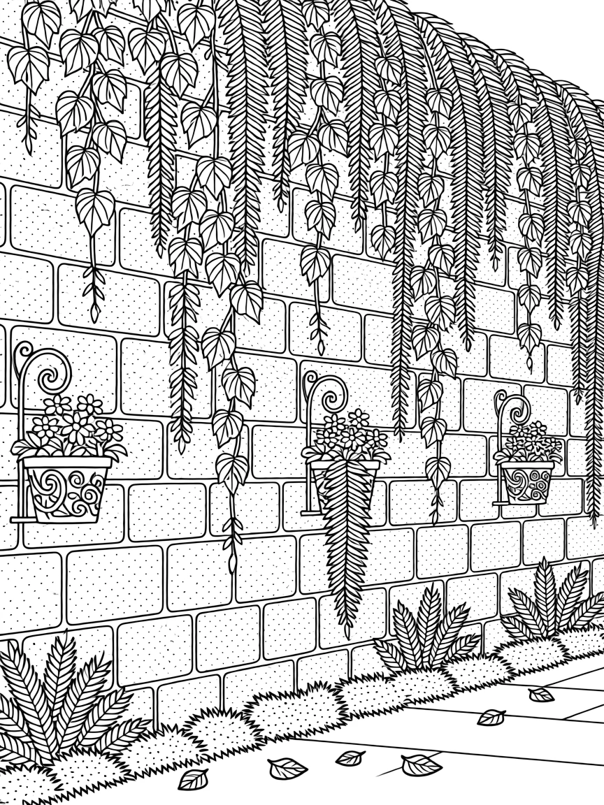 A hanging garden of trailing ivy and ferns cascading down a stone wall.