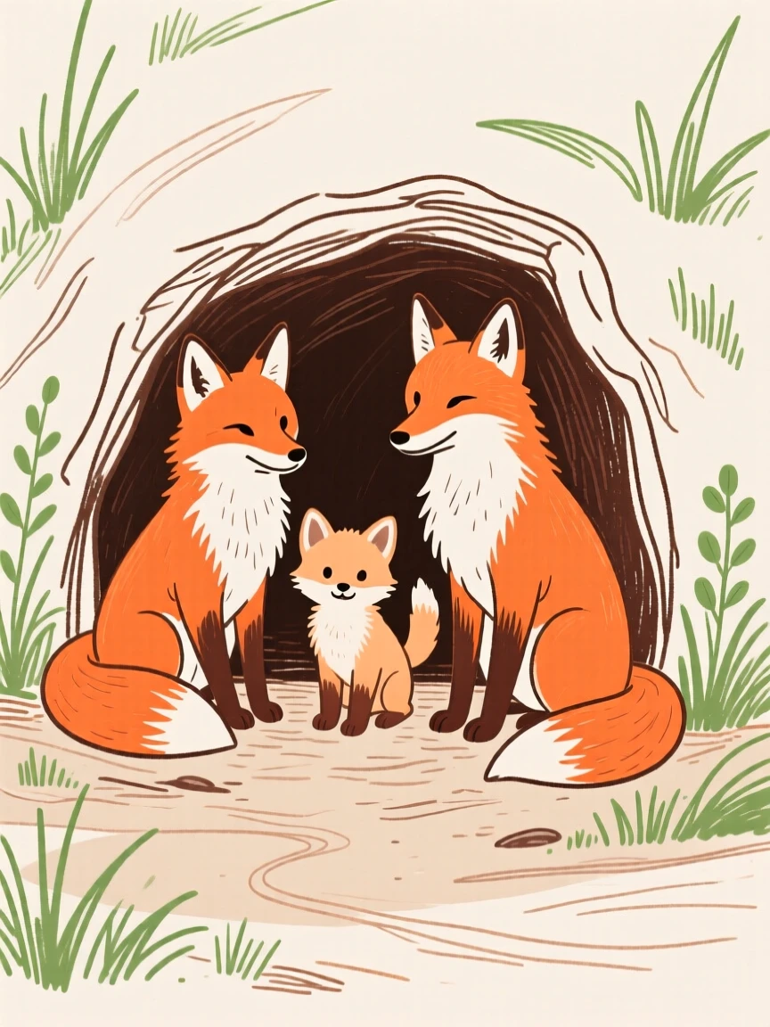 A family of foxes outside their den.
