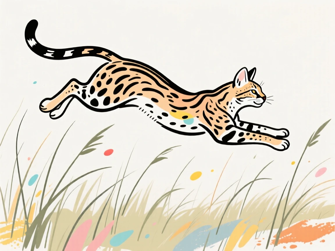 A serval cat leaping high through tall savanna grass to pounce.