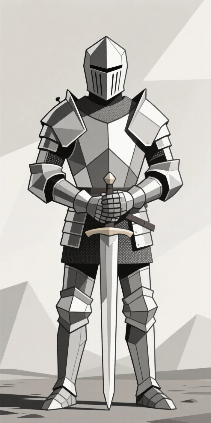 A knight standing in polished armor with a sword