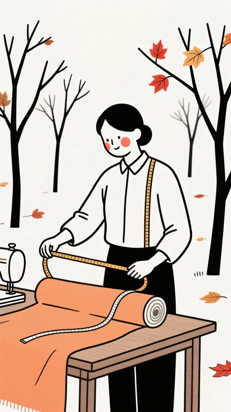A tailor measuring fabric in an autumn orchard.