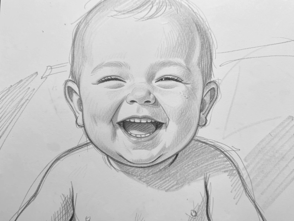 Intimate close-up of a laughing newborn baby standing in golden afternoon light, laughing with pure delight.