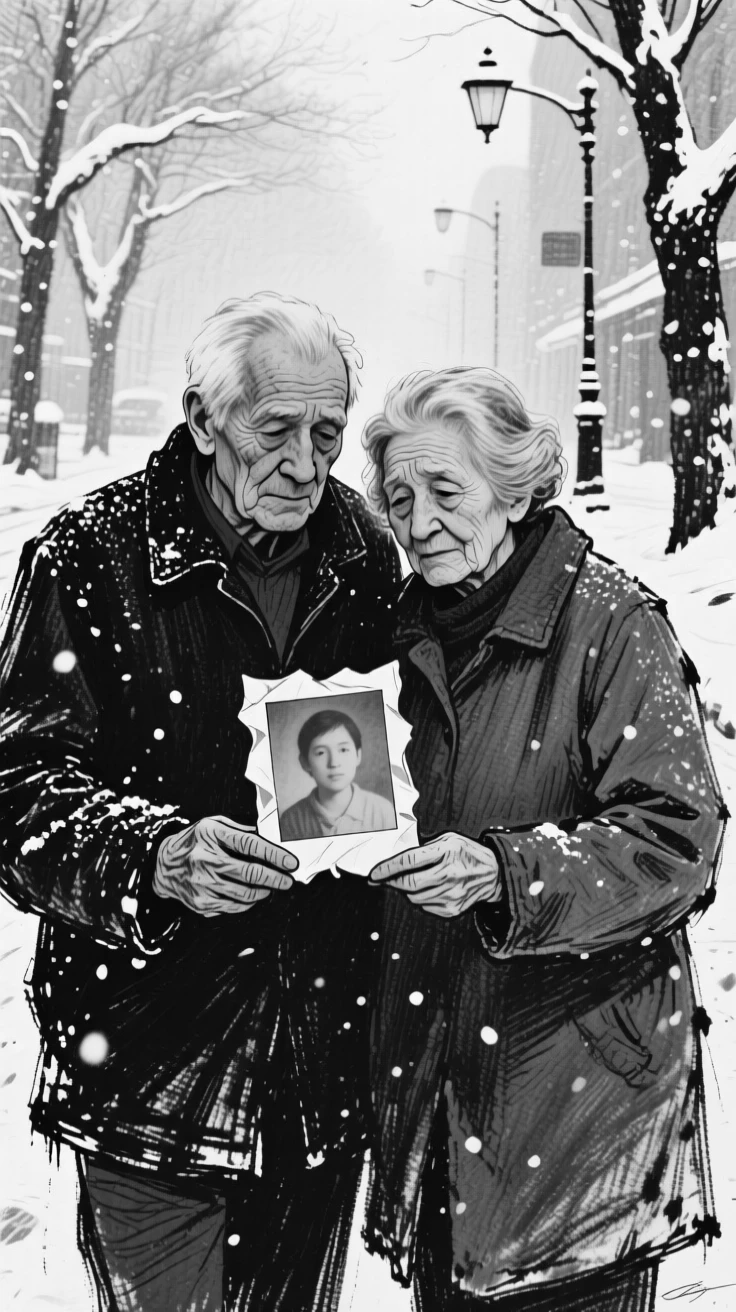An elderly couple holding a photograph of a departed loved one, on a snowy street.