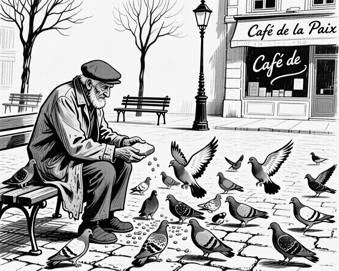 An old man feeding a flock of pigeons in a quiet city square.