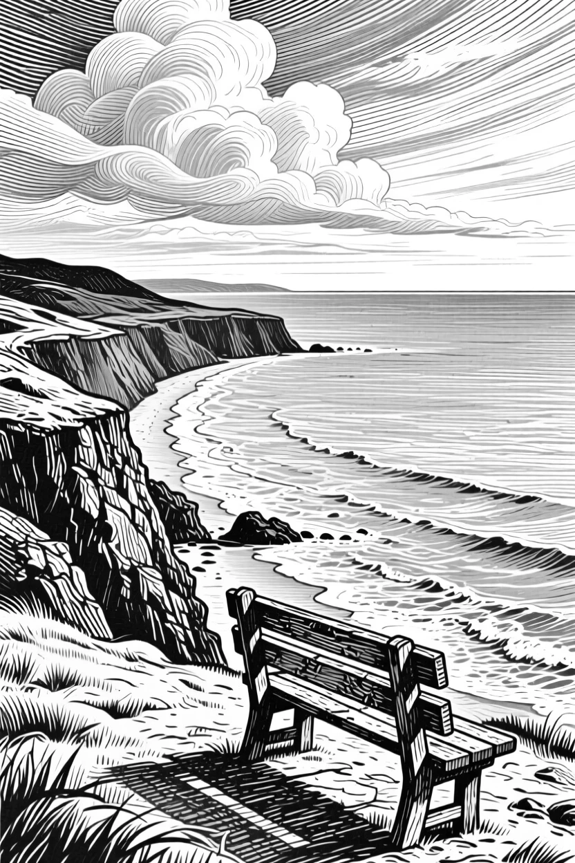 A curved coastline at the edge of an endless horizon, with a single wooden bench overlooking the view, evoking a windswept and dramatic atmosphere in a wide, balanced composition.