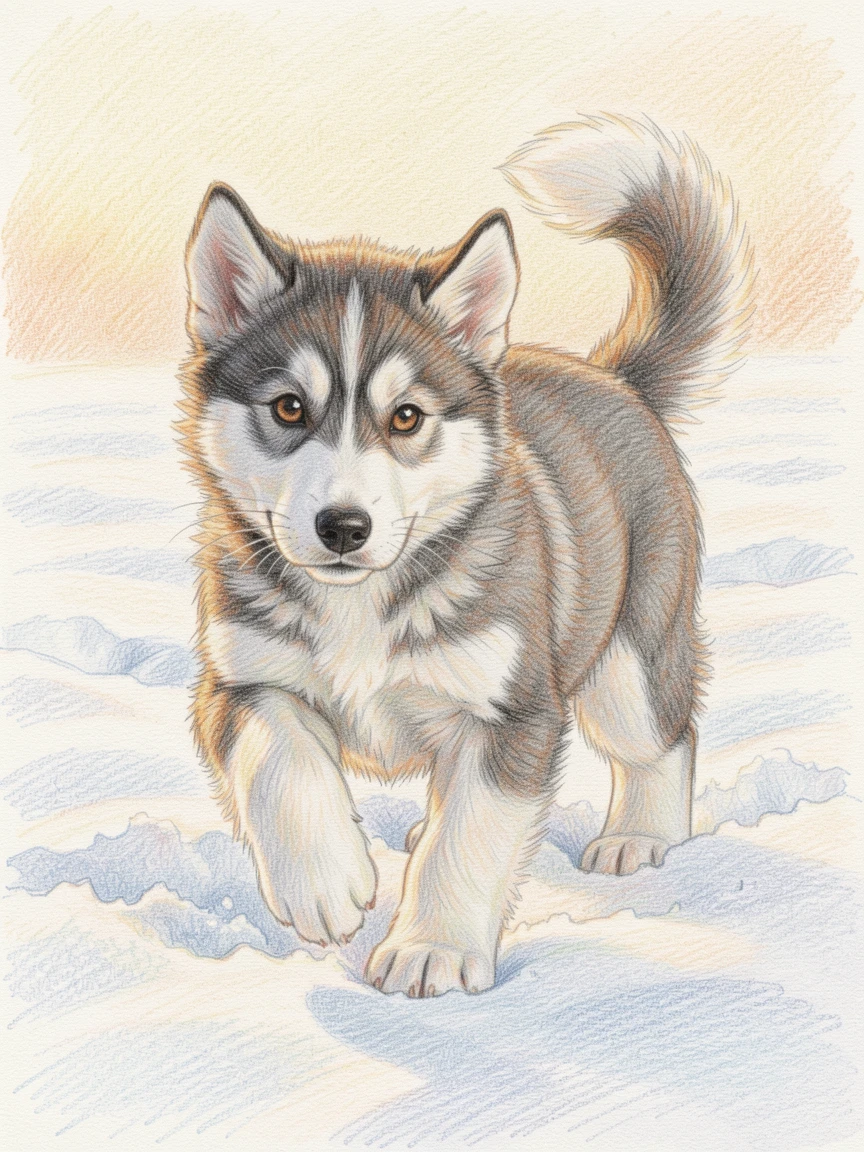 A husky puppy playing in freshly fallen snow, bathed in the warm glow of early morning or late afternoon light, radiating warmth, innocence, and gentle charm.
